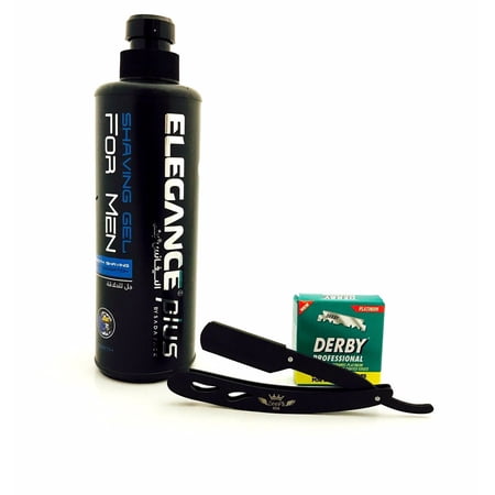 STRAIGHT BARBER SHAVING RAZOR, ELEGANCE EARTH SHAVING GEL 100 BLADES BLACK MATTE