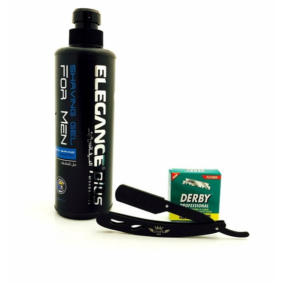 STRAIGHT BARBER SHAVING RAZOR, ELEGANCE EARTH SHAVING GEL 100 BLADES BLACK MATTE