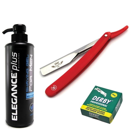 STRAIGHT BARBER SHAVING RAZOR, ELEGANCE EARTH SHAVING GEL, 100 BLADES RED R1