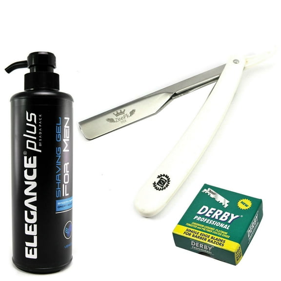 STRAIGHT BARBER SHAVING RAZOR, ELEGANCE EARTH SHAVING GEL, 100 BLADES WHITE W1