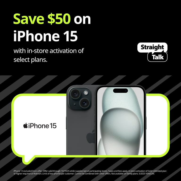 Straight Talk Apple iPhone 15, 128GB, 5G, Black - Prepaid