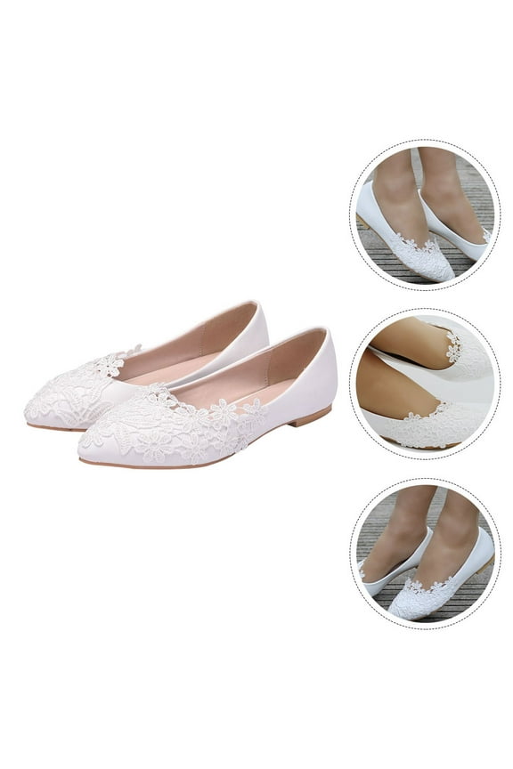 1 Pair Elegant White PU Wedding Shoes for Ladies and Girls, Comfortable Flat Bottom Party Footwear