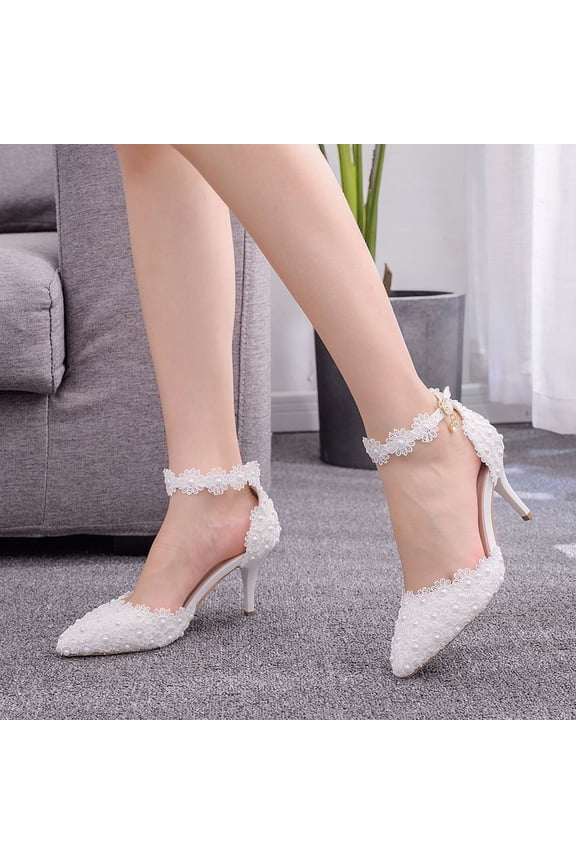 Women's Bridal Pumps, 1 Pair White Lace High Heels, Comfortable PU Material, Elegant Wedding Shoes for Women