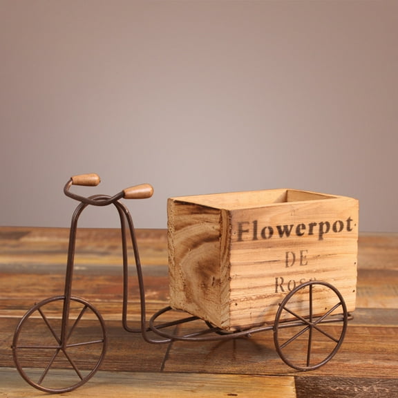STRANDCHIC 1 Set Rustic Style Iron Bike Plant Stand with Wooden Flower Pot for Decorative Display