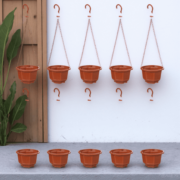 STRANDCHIC Hanging Flower Pots Brown Plastic for Outdoor Garden Use 10Sets