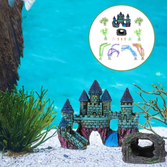 STRANDCHIC 15-Piece Aquarium Landscaping Set with Artificial , Simulation Plants, and Castle Hideout Decorative Ornament