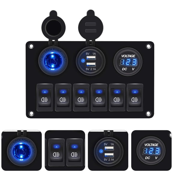 STRANDCHIC Multi-Button Black LED Switch Panel with Charging Ports for Boats, Vehicles, and Marine Use