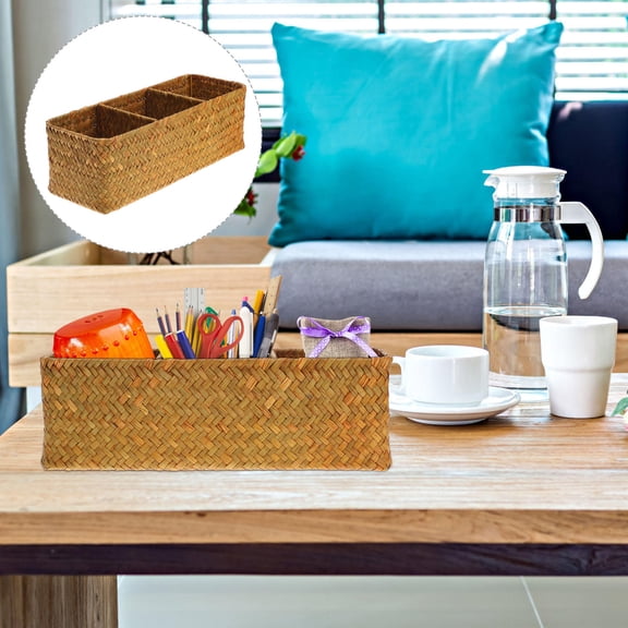 STRANDCHIC Coffee Woven Desktop Organizer with 3 Compartments, Stylish Home Storage Solution for Office and Desk
