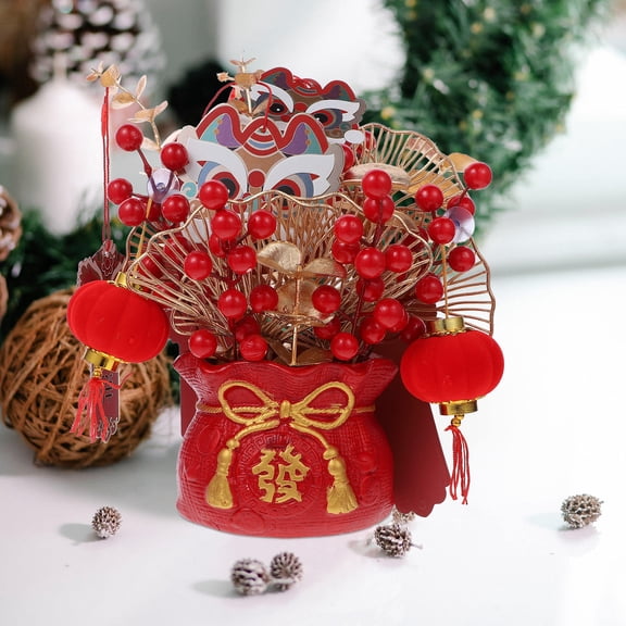 STRANDCHIC Chinese New Year Bonsai Decor Set Red Faux Tabletop Plant Symbolizing Blessing and Good Luck