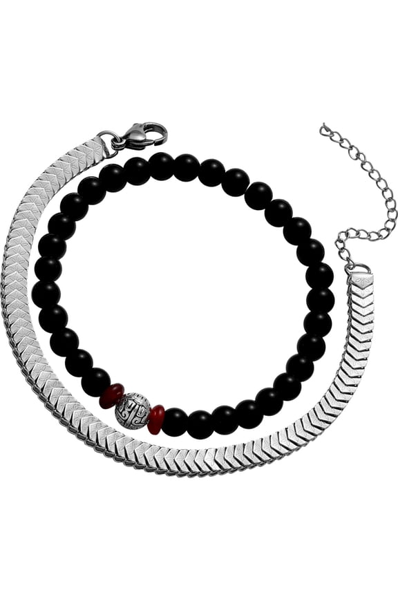 1Set Men Wrist Jewelry Double Layer Beaded Bracelet with Cool Style and Titanium Steel