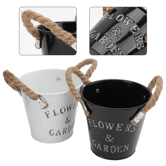 STRANDCHIC Set of 2 Galvanized Iron Flower Buckets for Balcony and Home Decor, Black and White