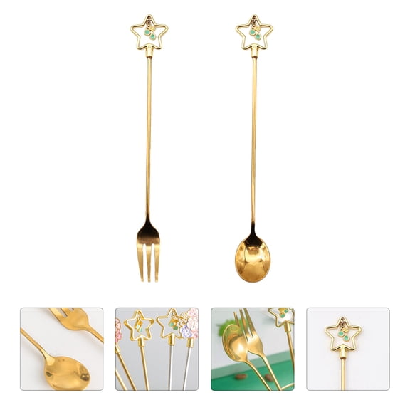 STRANDCHIC 2-Piece Golden Japanese Dessert Spoon and Fork Set Rust-Resistant Creative Kitchen Utensils