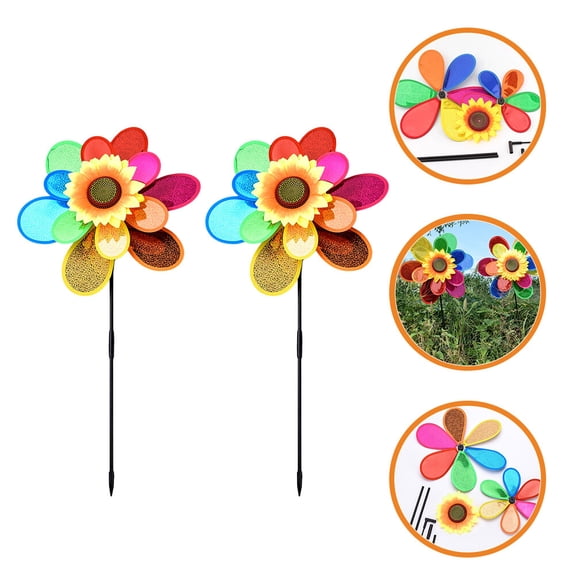 STRANDCHIC 2Pcs Plastic Garden Windmills Double Layer Sunflower Pinwheels Assorted Colors