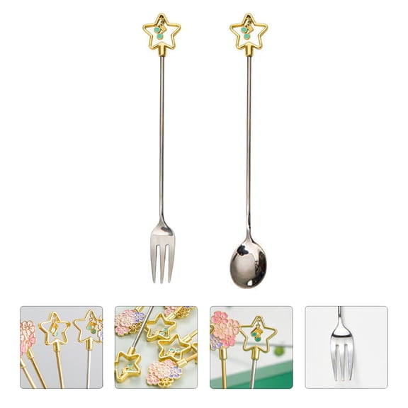 STRANDCHIC 2Pcs Japanese Style Plated Silver Stainless Steel Fork and Spoon Set for Home with Star Shape Design