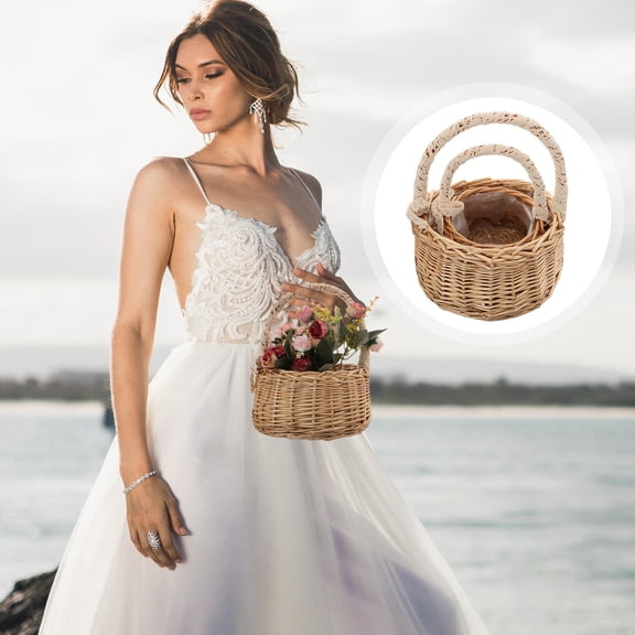 STRANDCHIC 2Pcs Beige Willow Woven Basket Picnic Basket Fruit Holder Handmade Storage Tote