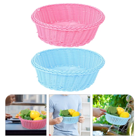 STRANDCHIC Set of 2 Decorative Plastic Rattan Fruit Baskets Woven Storage Containers for Home Kitchen and Family Use