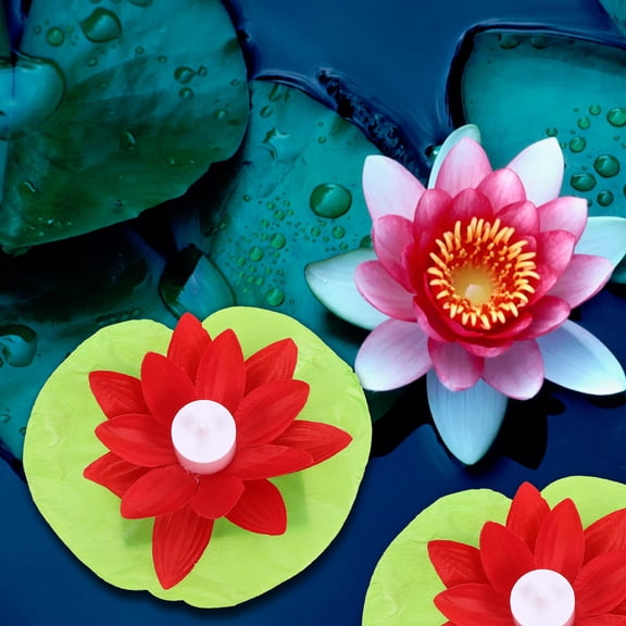 STRANDCHIC 3Pcs Outdoor Red LED Lotus Candles Romantic Water Floating Garden Decoration