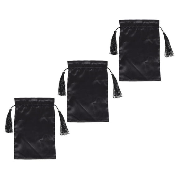 STRANDCHIC 3Pcs Tassel Drawstring Satin Bags Black Hair Extension Packaging Pouches for Easy Carrying