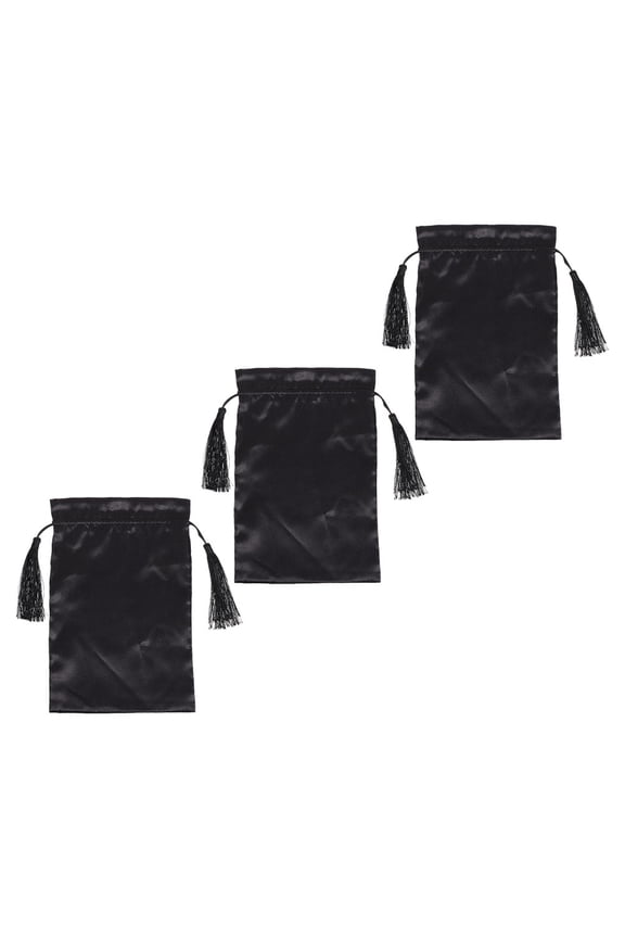 3Pcs Tassel Drawstring Satin Bags Black Hair Extension Packaging Pouches for Easy Carrying