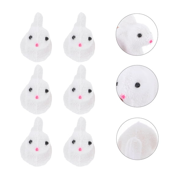 STRANDCHIC 6-Piece White Flocking Figurines Set, Small Synthetic Table Decor, Cute Bunny Miniatures for Home and Office