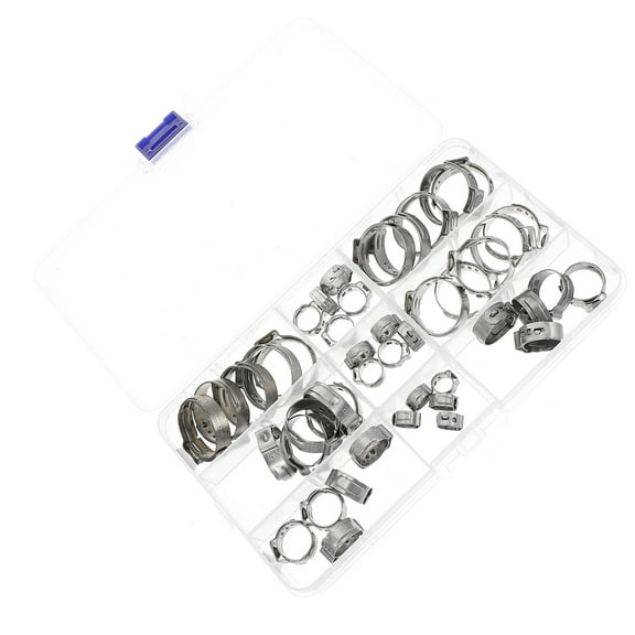 STRANDCHIC 80Pcs Crimp Hose Clamps Stainless Steel Plated Silver Adjustable Clips for Vehicle and Garden Hose