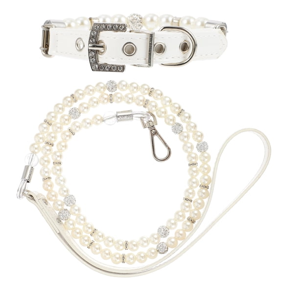 STRANDCHIC 2Pcs Small Dog Collar and Leash Set PU White Pet Dog Parties