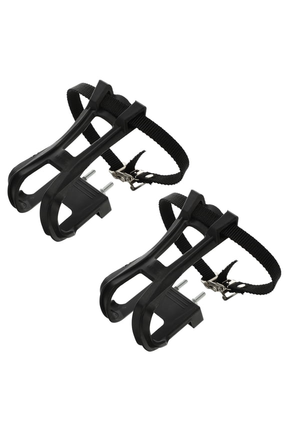 Black Plastic Cycling Shoe Holder with Adjustable Straps for Bike Use, and Secure Design
