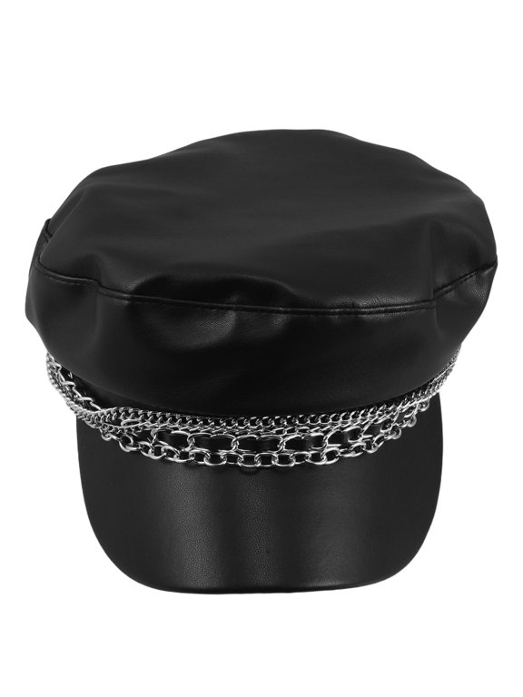 Black Women's Fiddler Hat, PU Cap with Chain Trim and 56-60 cm Adjustable Fit