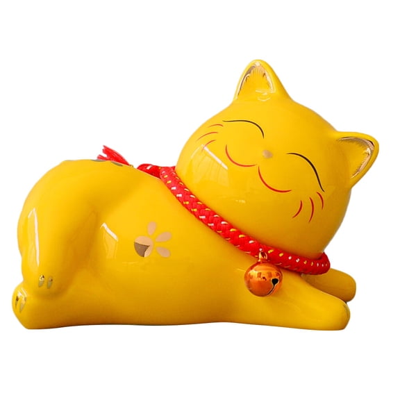 STRANDCHIC Yellow Ceramic Cat Ornament Decorative Figurine for Home and Garden