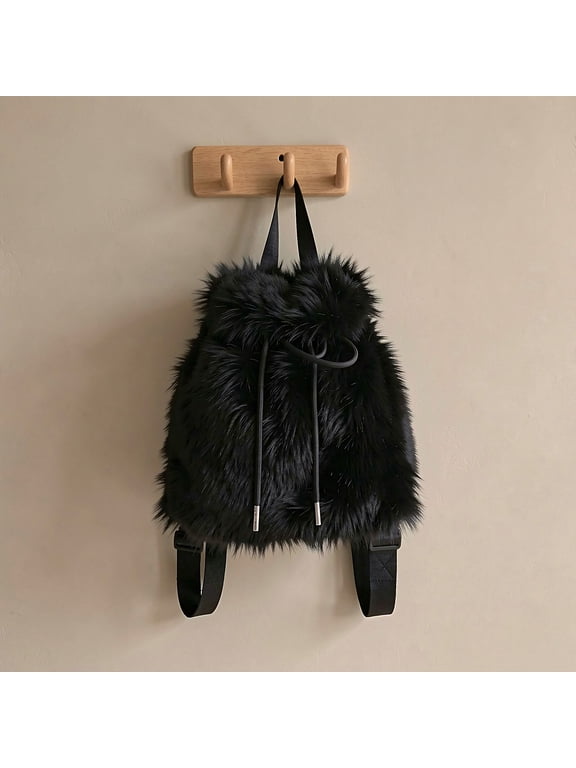 Fluffy Drawstring Backpack with Flap Cover Lightweight Casual Black Bag