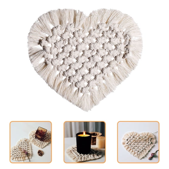 STRANDCHIC Beige Cotton Heart Shaped Cup Mat Woven Coaster Heat Insulation Tabletop Pot Mat