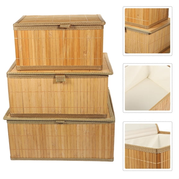 STRANDCHIC 3Pcs Woven Bamboo Storage Boxes Khaki Multipurpose Basket with Non Woven Liner for Home