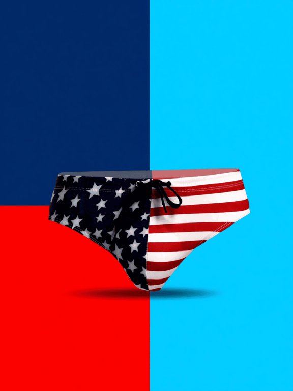 Men's Beach Swim Briefs, USA Flag Print Triangle Swimsuit Bottom, Size XL