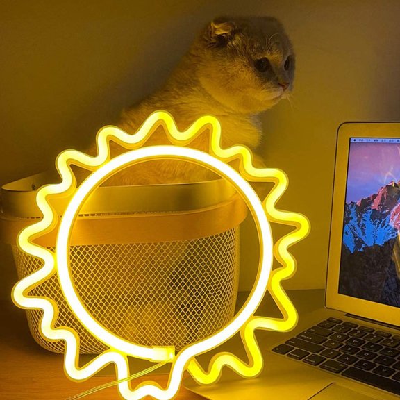 STRANDCHIC Yellow Sun Shaped Neon Night Light Safe for Decoration USB or Battery Powered
