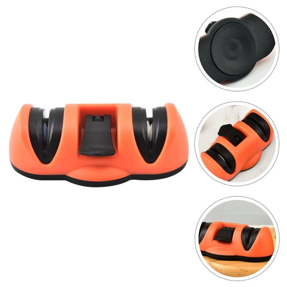 STRANDCHIC Orange Double Groove Sharpener with Cup Base Ergonomic Design for Kitchen and Home Use