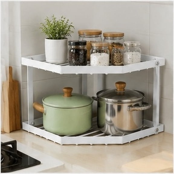 STRANDCHIC White Metal Corner Cabinet Organizer, Shelf Rack for Pots, Pans, Spices and Pantry Storage Daily Use