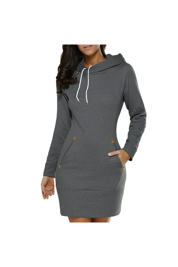 Women Sweat Shirt Dress Oversized Casual Dark Grey 1Pcs