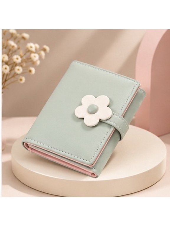 Women's PU Trifold Wallet with Flower Detail, Compact Card and Cash Organizer