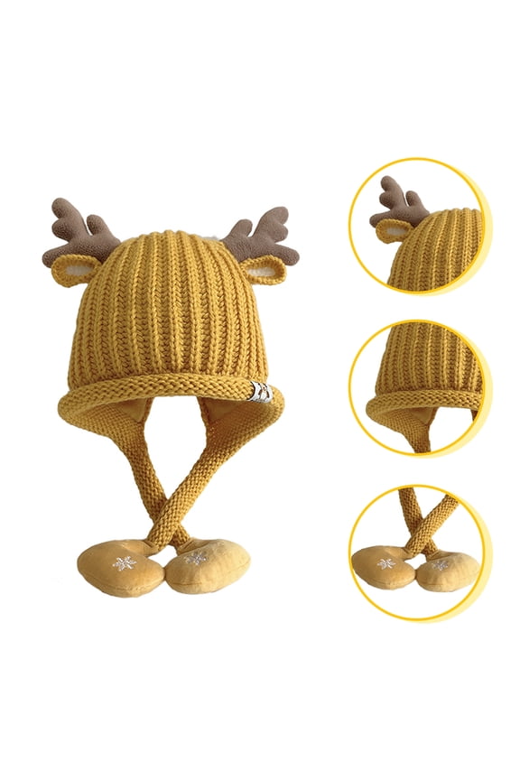 Yellow Newborn Knit Hat with Adorable Antlers, Soft Acrylic Warm Cap, Ideal Winter Accessory and Photo Prop for Babies