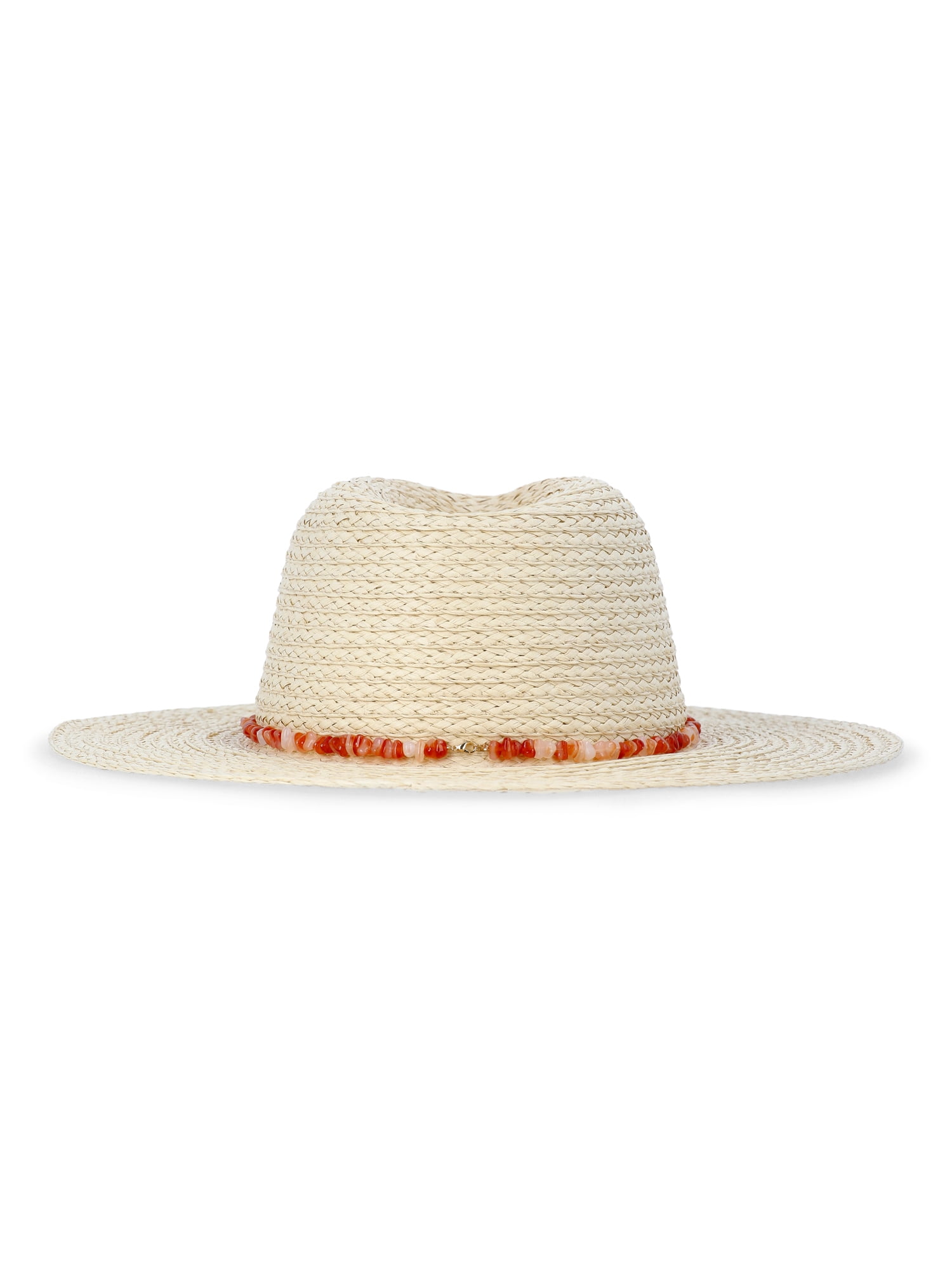 Womens Straw Fedora with Stone Trim, One Size