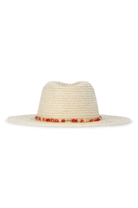Womens Straw Fedora with Stone Trim, One Size
