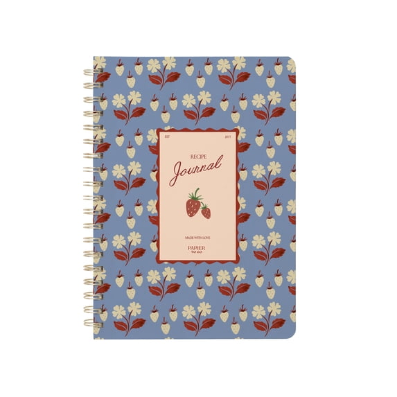Papier To Go, Guided Recipe Journal, Spiral, Hardcover, B5 Size - 7.1 x 10", Painted Fruit Print - Strawberries, Blue