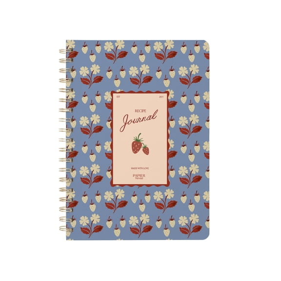 Papier To Go, Guided Recipe Journal, Spiral, Hardcover, B5 Size - 7.1 x 10", Painted Fruit Print - Strawberries, Blue