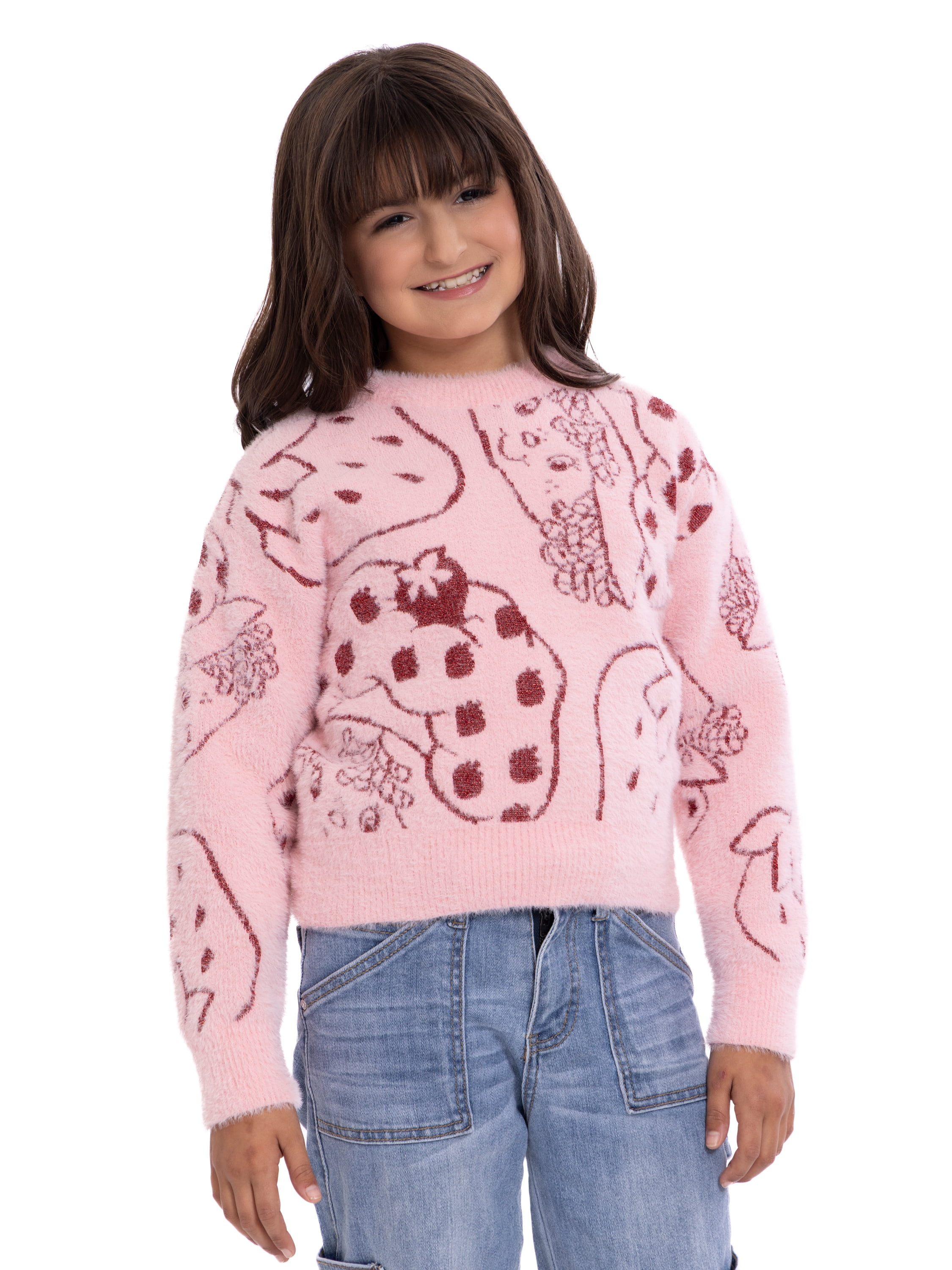 Strawberry Shortcake Girls Graphic Eyelash Glitter Sweater, Sizes 4-16