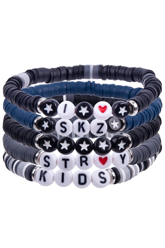 STRAY KIDS Inspired Beaded Bracelets - Set of 5 with SKZ Letter Charms & 5-Star Album Symbols (STAY Jewelry Gift)