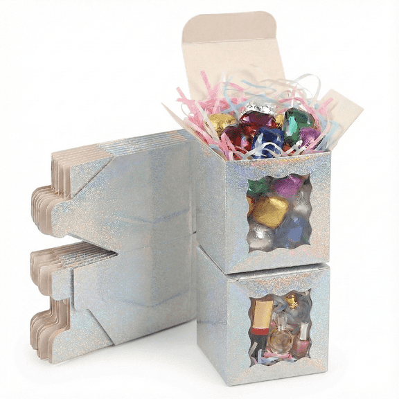 STRBOXONG 25 Pack Small Holographic Silver Gift Boxes with Window, 3.94x 3.94x 3.15" Cardboard Gift Box with Lids, Wedding Favour Boxes, Bridesmaid Proposal Box, Empty Flat Pack Present Boxes