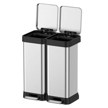 STRELECT 16 Gallon Dual Trash and Recycling Bin, Stainless Steel Kitchen Garbage Can with Double Lid, Hands-Free Step Rubbish Bin without Inner Bucket for Kitchen Home Office