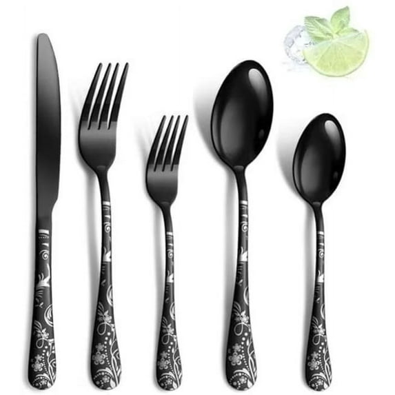 STRELECT 20pcs Silverware Set for 4, Stainless Steel Flatware Cutlery Set Include Fork/Knife/Spoon, Mirror Polished, Dishwasher Safe, Black