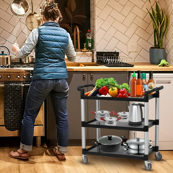 STRELECT 3-Shelf Utility Cart with Lockable Wheels, 360 Lbs Maximum Capacity, Service Cart Ideal for Classroom Kitchen and Cleaning Tasks