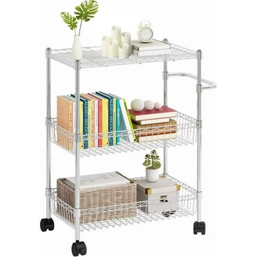 STRELECT 3 Tier Rolling Utility Cart, Metal Rolling Storage Cart with Wheels Baskets Handle, Wire Shelving Trolley Serving Cart for Kitchen Restaurant, Chrome